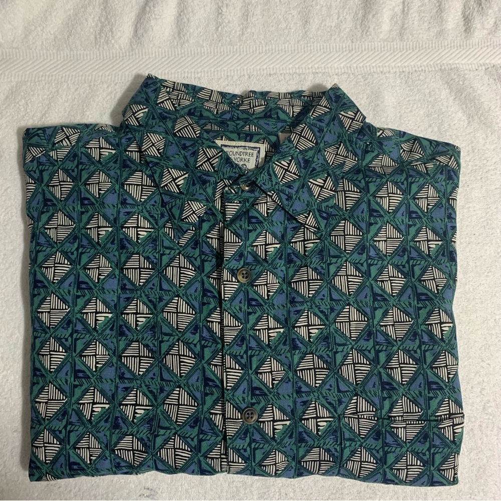 Roundtree & Yorke Hawaiian Shirt Men's Size L Green/Blue/White 100%‎ Rayón